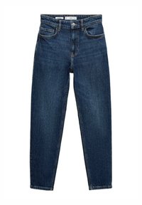 Jean denim bleu foncé avec une coupe à jambe droite, cinq poches et une fermeture classique à bouton à la taille. Tissu texturé avec coutures.