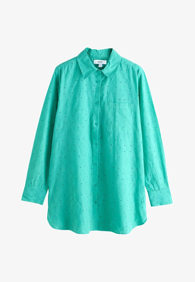 Chemise turquoise à manches longues avec un col pointu et des motifs de feuilles décoratifs. Dotée d'une poche poitrine et d'un tissu texturé.