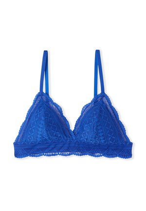 Bralette de encaje azul con tirantes finos ajustables, patrones florales y bordes en forma de ondas a lo largo de la banda inferior y las copas.