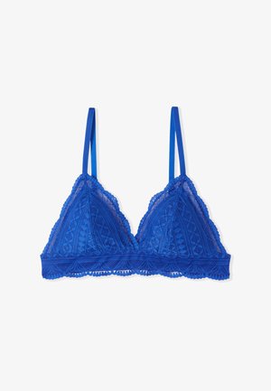 Bralette blu in pizzo con spalline sottili regolabili, motivi floreali e bordi smerlati lungo la fascia inferiore e le coppe.