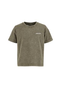 Olívově zelené bavlněné tričko s krátkými rukávy, kulatým výstřihem, vybledlou texturou a nenápadným bílým logem "ANOTHER COTTON" na prsou.