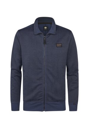 Giacca zip-up navy realizzata in tessuto testurizzato. Presenta un colletto rialzato, polsini a costine e una piccola toppa con logo sul petto.