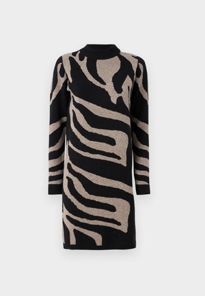 Knit dress featuring a black and beige zebra stripe pattern, high neckline, and long sleeves, with a soft texture and relaxed fit.