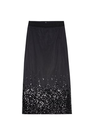 Schwarzer Rock mit satinierter Oberfläche und einem mit Pailletten verzierten Saum, der von Schwarz nach Silber verläuft, sowie einem elastischen Taillenbund.