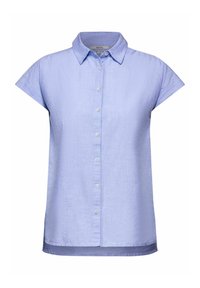 Camicia a maniche corte azzurro chiaro con chiusura a bottoni, colletto e orlo leggermente curvo. Realizzata in un tessuto texturizzato con una vestibilità casual.