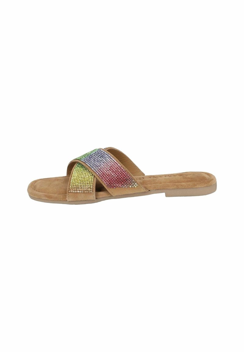 Flat tan slide sandal with crossed straps adorned with small multicolored rhinestones in gradient pattern.