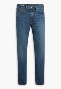 Blugi din denim albastru, cu croială slim, design cu cinci buzunare, cusături vizibile și închidere cu nasture. Materialul pare neted, cu o ușoară decolorare.