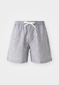 Gray striped shorts with a drawstring waist, crafted from lightweight fabric. Features vertical white stripes and a loose, comfortable fit.