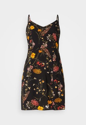 Ziedu kleita ar melnu pamatu, kurā redzami krāsaini ziedi dzeltenos, rozā un sarkanajos toņos. Izstrādāta ar plāniem plecu siksnām un plisētu svārku.