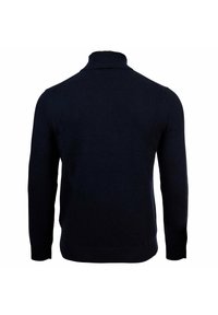 Maglione nero a maniche lunghe con collo alto, visto da dietro, con collo, polsini e orlo a coste.