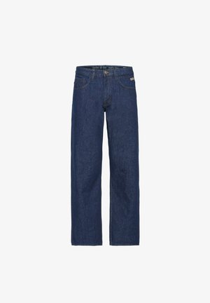 Sötétkék farmernadrág laza szabással, gombos záródással, övhurkokkal és elülső zsebekkel. Texturált anyag finom eltérésekkel.