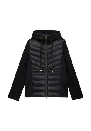 Veste noire avec un devant rembourré à motif matelassé, une capuche et des accents en zip doré, fabriquée à partir d'un mélange de tissus lisses et texturés.