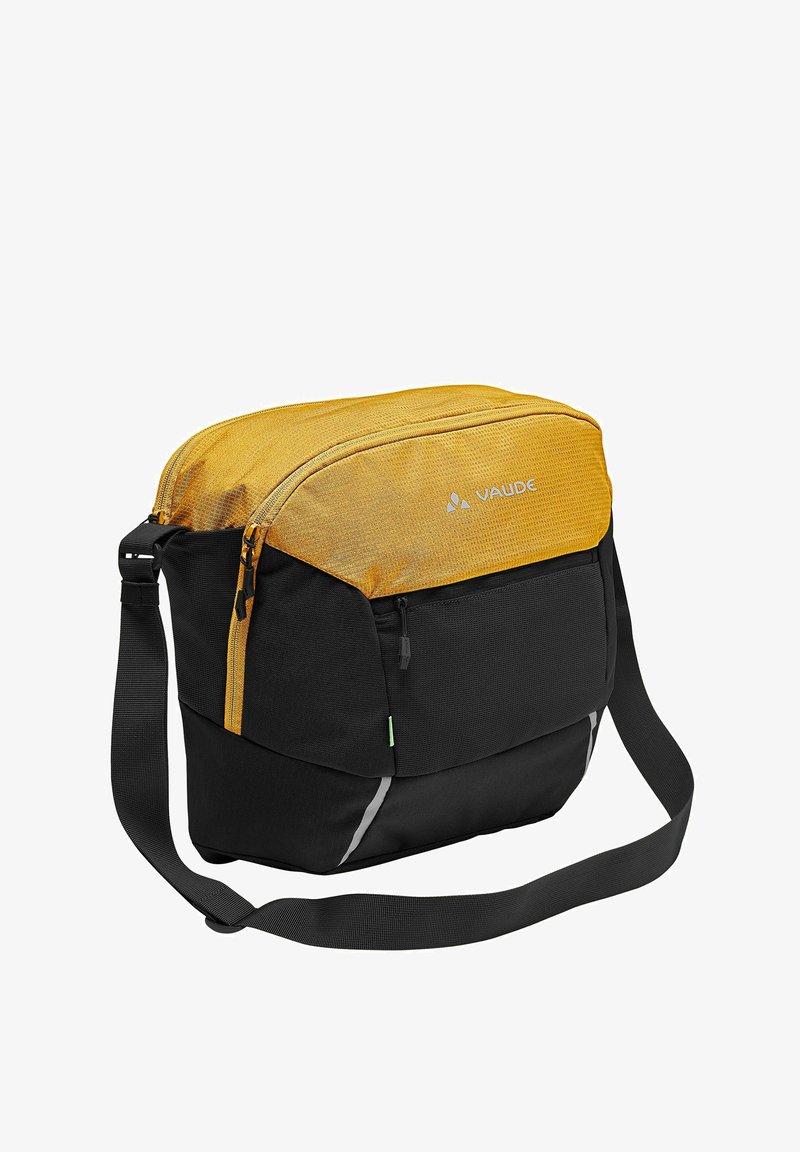 Schoudertas met een geel en zwart ontwerp, gemaakt van textuurstof, met dubbele met rits afgesloten compartimenten en een afneembare schouderband.