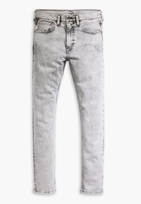Ljust grå denimjeans med en blekt tvätt, rak bendesign, fem fickor, synlig sömnad och en knäppning i midjan.