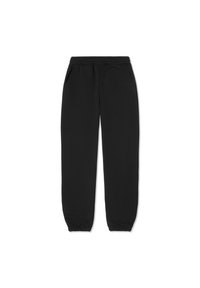 Pantaloni de trening negri cu talie și margini elastice, având două buzunare laterale. Confecționați dintr-un material moale cu textură fină.