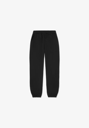 Pantaloni de trening negri cu talie și margini elastice, având două buzunare laterale. Confecționați dintr-un material moale cu textură fină.