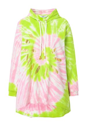 Mikina s kapucí v tzv. tie-dye vzoru v růžové a zelené barvě, s zlatými akcenty a volným střihem. Měkká tkanina a dlouhé rukávy.