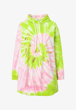 Hooded sweatshirt with a tie-dye pattern in pink and green, featuring gold accents and a loose fit design. Soft fabric and long sleeves.