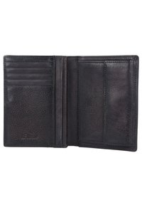 Black leather wallet with a textured surface, featuring multiple card slots, an open pocket, and visible stitching details.