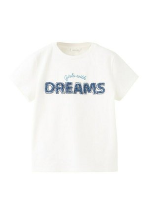 Weißes kurzärmeliges T-Shirt mit blauer, strukturierter Stickerei auf der Vorderseite mit der Aufschrift "Girls with DREAMS".
