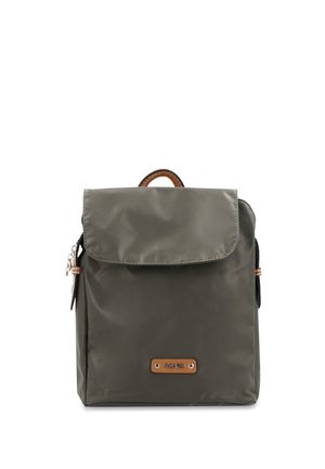 Square olive green backpack with flap closure, brown handle, side zipper pocket, and Picard brand label on front.
