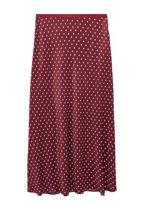 Burgunderfarbener Midirock mit weißen Polka-Dots, glattem Stoff und gerader Taille.