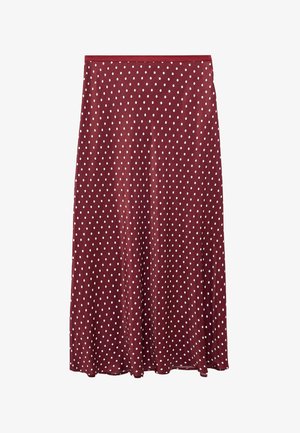 Falda midi burdeos con lunares blancos, tejido liso y cintura recta.