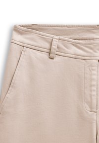 Beige cotton trousers with a smooth texture, featuring belt loops, a zip fly, and side pockets. Clean design with minimal stitching details.