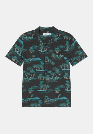 Chemise noire à manches courtes avec boutons, imprimé île tropicale et palmiers verts et bleus, étiquette Abercrombie Kids taille 9/10.