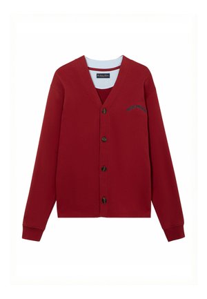 Cardigan rosso con bottoni, maniche lunghe, scollo a V e piccolo logo di testo nero sul petto a sinistra con la scritta "Brooks Brothers".