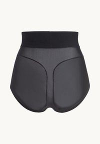 Zwarte high-waisted shapeshorts van glad, rekbaar materiaal. Heeft een brede elastische tailleband en een naadloos ontwerp aan de achterkant.