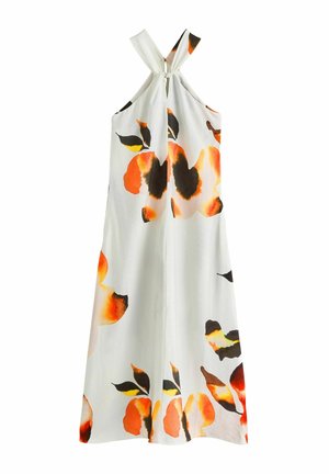 Hvid ærmeløs maxikjole med halterneck og store abstrakte blomsterprint i orange, sort og gul.