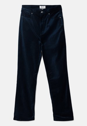 Navy blue corduroy pants with a straight leg design, five-pocket style, and metal button closure at the waist. Soft texture and visible seams.