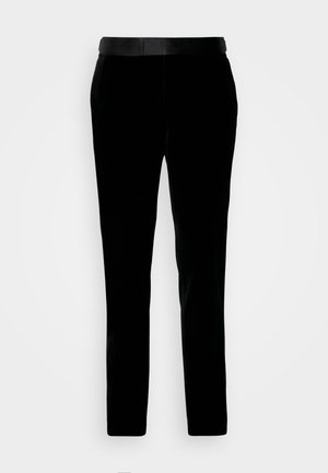 Pantaloni in velluto nero con un fit su misura, texture liscia e vita coordinata. Presentano gambe dritte e tasche laterali.