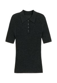 Ciemnoszara koszulka polo z krótkim rękawem, wykonana z prążkowanej tkaniny, z klasycznym kołnierzykiem i zapięciem na trzy guziki.
