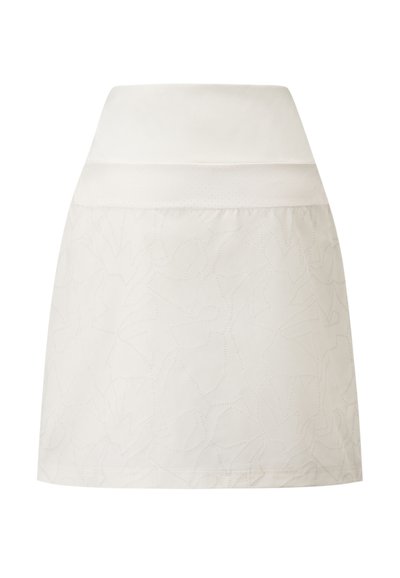 Witte mini-jurk met een gewoven bloemenpatroon, een gladde tailleband en zichtbare stiksels. Gemaakt van lichtgewicht stof.