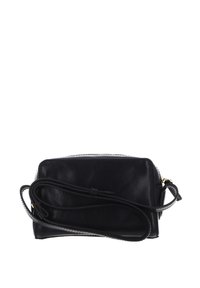 Borsa a mano in pelle nera con forma rettangolare, dotata di una tracolla rimovibile, dettagli dorati e una superficie liscia.