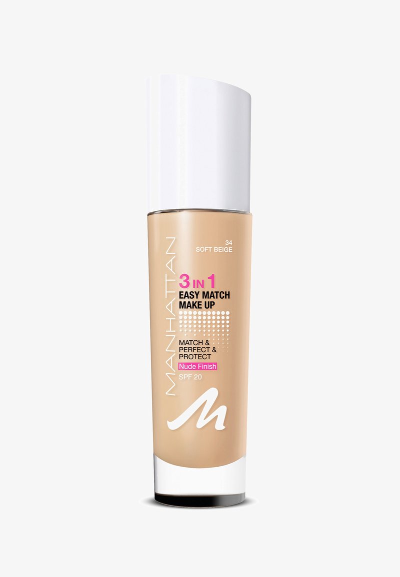 Manhattan 3-in-1 Easy Match Make Up in Soft Beige, bottiglia di vetro cilindrica con tappo bianco, liquido nude, SPF 20, presenta testo rosa e nero.