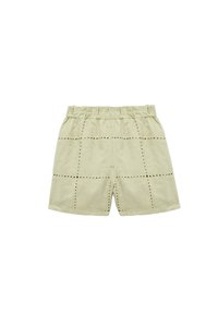 Lysegrønne bomulds shorts med elastisk linning, dekoreret med broderede blomster mønstre og udskæringsdetaljer i et rutenetlayout.