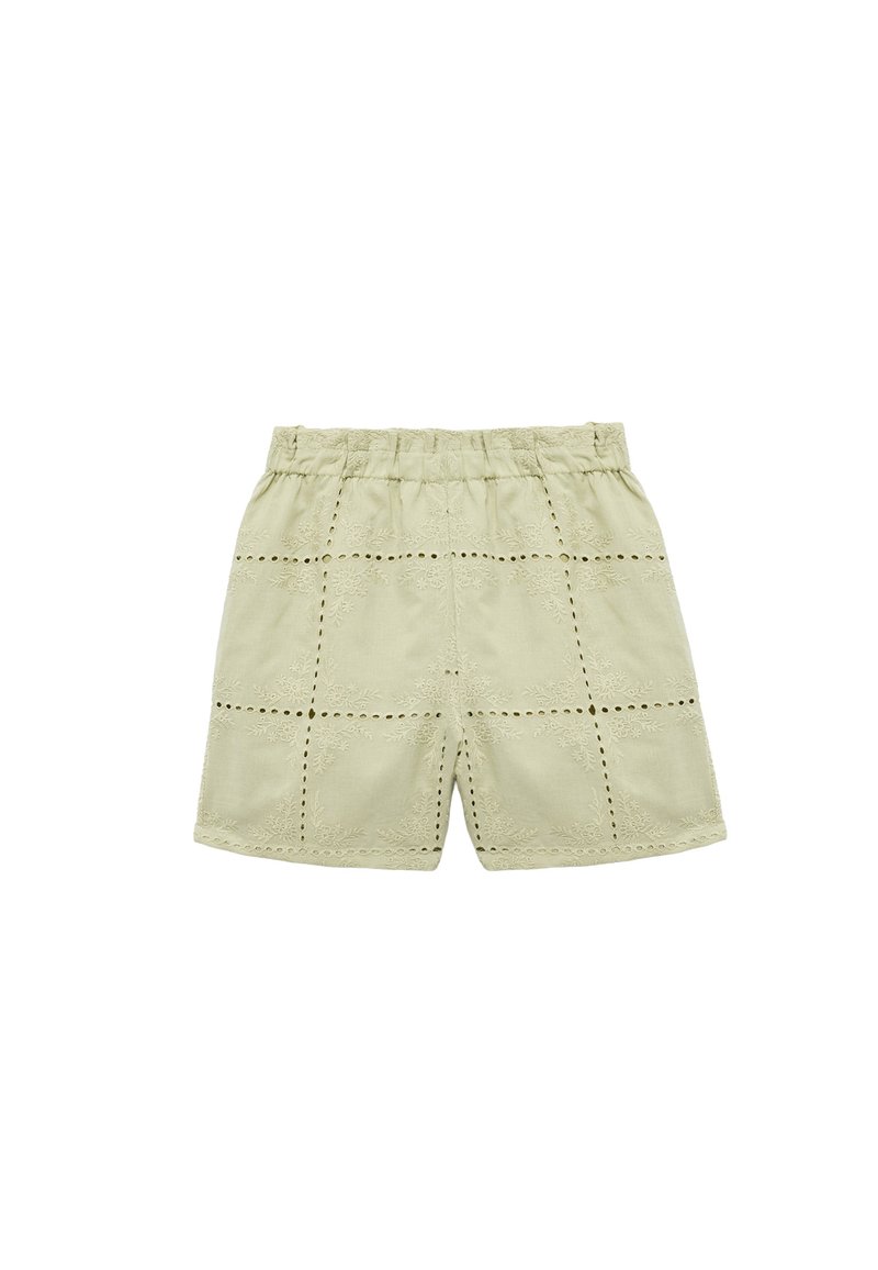Lysegrønne bomulds shorts med elastisk linning, dekoreret med broderede blomster mønstre og udskæringsdetaljer i et rutenetlayout.