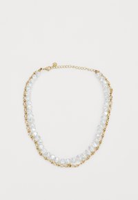 Gold chain necklace featuring two rows of irregularly shaped, lustrous white beads. Delicate metal links connect the beads.