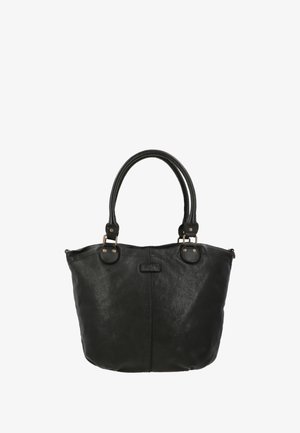 Czarna torba tote z miękkiej skóry, z dwiema zaokrąglonymi uchwytami, teksturowaną powierzchnią i metalowymi detalami. Strukturalny kształt i pojemny design do przechowywania.