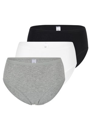 Drei Damen-Baumwollslips in Grau, Weiß und Schwarz, übereinander gestapelt mit Grau vorne, schlichtes Design, sichtbarer elastischer Bund.