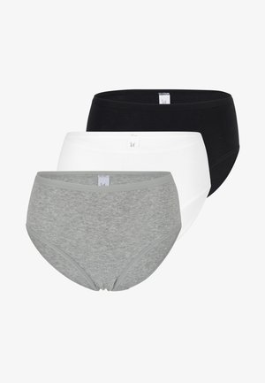 Drei Damen-Baumwollslips in Grau, Weiß und Schwarz, übereinander gestapelt mit Grau vorne, schlichtes Design, sichtbarer elastischer Bund.