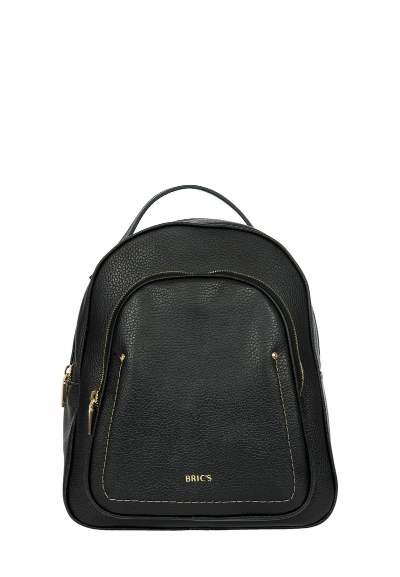 Sac à dos en cuir noir avec une finition texturée, doté d'une poche centrale zippée, de finitions en métal doré et d'une poignée supérieure pour le transport.