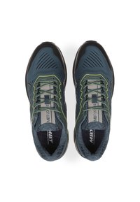 Blue and black athletic shoes with a mesh upper, green accents, and a rounded sole. Features a lace-up design with visible midsole support.