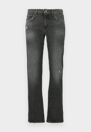 Mustmustest denim püksid sirge säärega disainiga, sisaldavad peent kulumist ja klassikalist viie taskuga paigutust. Tavaline nupuga sulgemine ja vööde asetused.
