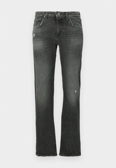 Jeans in denim nero con design a gamba dritta, caratterizzati da lievi segni di usura e un classico layout a cinque tasche. Chiusura standard con bottone e passanti per cintura.