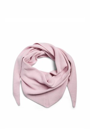 Mehka svetlo roza trikotna pletena ruta, položena ravno z ostrimi konci, ki prikazuje teksturiran rebrast vzorec.