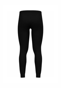 Black leggings made of stretchy fabric, featuring a snug fit and a smooth texture. No visible logos or patterns. Seamless back design.